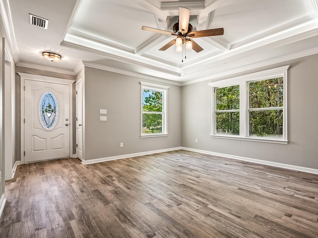 entryway with crown molding, coffered ceiling, and hardwood / wood-style flooring