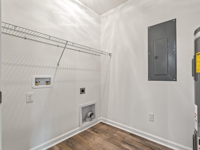 laundry room with electric dryer hookup, electric panel, dark hardwood / wood-style flooring, and hookup for a washing machine