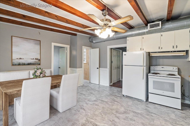 kitchen featuring beamed ceiling, white appliances, ceiling fan, and white cabinets