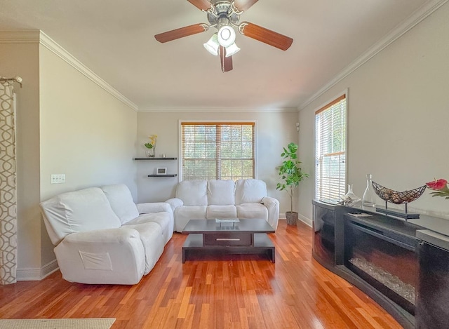 living room featuring crown molding, ceiling fan, and light hardwood / wood-style floors