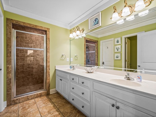 641 Bald Point Rd, Alligator Point, FL 32346 - bathroom featuring double vanity, a shower stall, tile patterned floors, and ornamental molding
