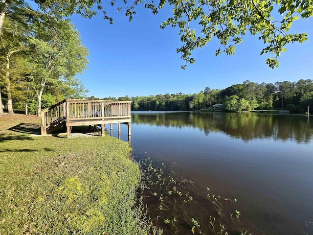 view of dock featuring a deck with water view and a view of trees