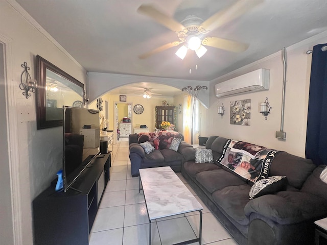 tiled living room with a wall mounted air conditioner, ceiling fan, and crown molding