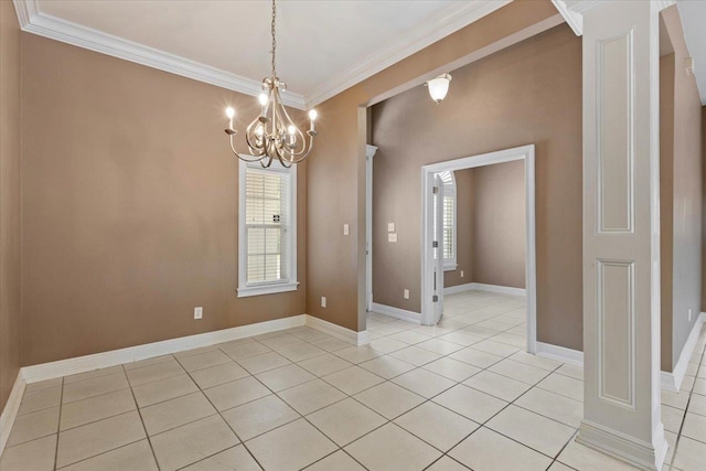 unfurnished dining area featuring light tile patterned flooring, a chandelier, and ornamental molding