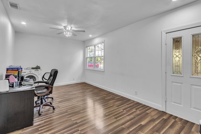 office featuring dark wood-type flooring and ceiling fan