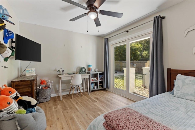 bedroom featuring ceiling fan, access to exterior, and light wood-type flooring