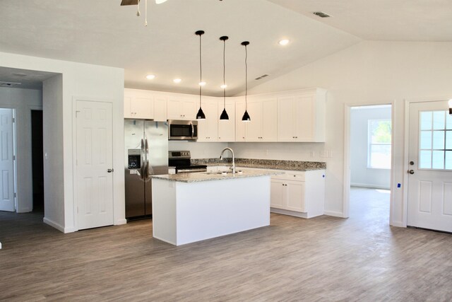 kitchen with appliances with stainless steel finishes, wood finished floors, light stone counters, and a sink