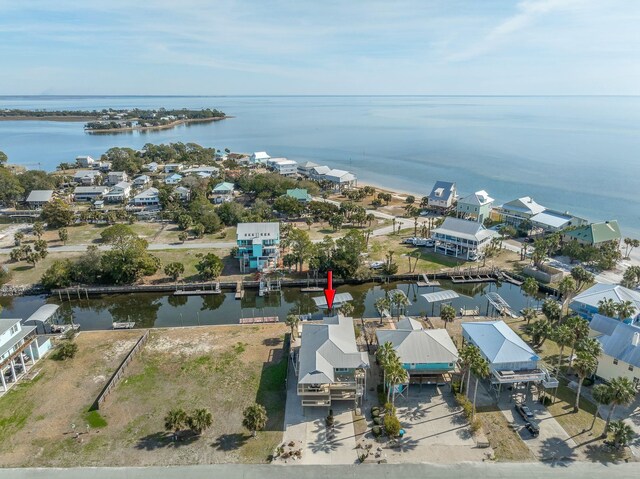 drone / aerial view featuring a water view