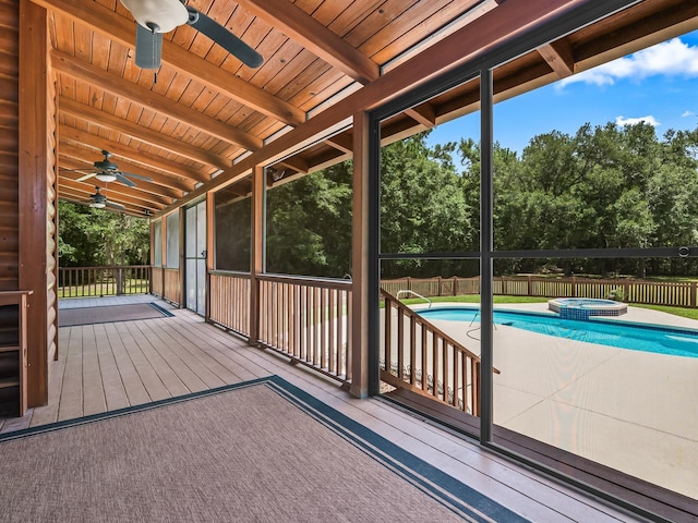 883 Hunters Trce, Crawfordville, FL 32327 - wooden deck featuring ceiling fan, a pool with connected hot tub, and view of scattered trees