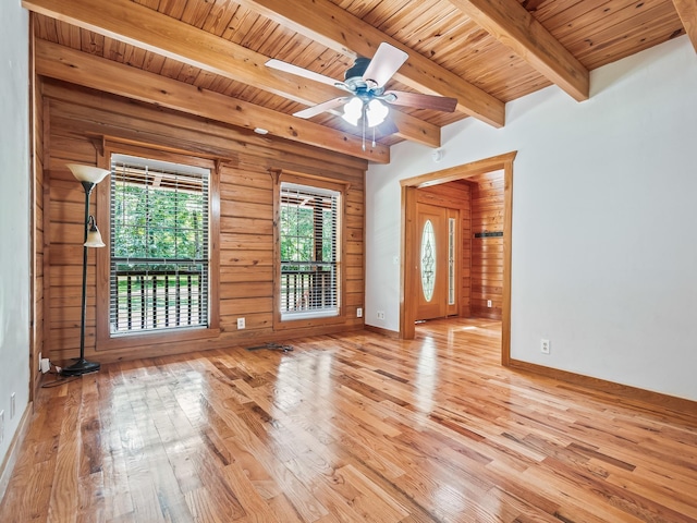 883 Hunters Trce, Crawfordville, FL 32327 - empty room with light wood-style floors, a wooden ceiling with exposed beams, wood walls, and ceiling fan