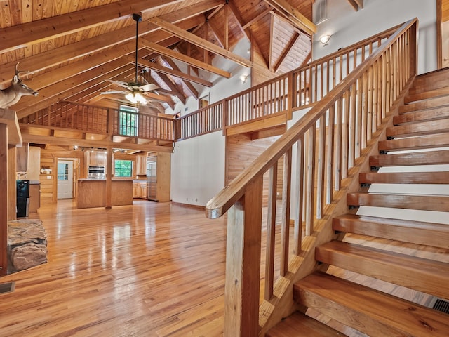 883 Hunters Trce, Crawfordville, FL 32327 - staircase featuring high vaulted ceiling, a ceiling fan, hardwood / wood-style flooring, wooden walls, and a wood ceiling with exposed beams