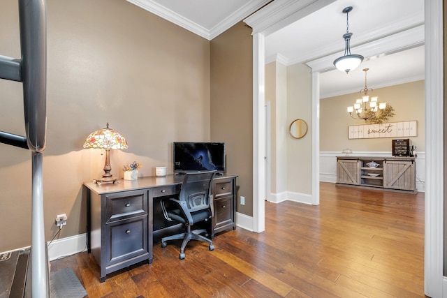 home office featuring a chandelier, wood finished floors, and ornamental molding