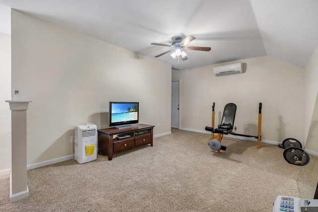 exercise room with a ceiling fan, baseboards, lofted ceiling, an AC wall unit, and carpet flooring