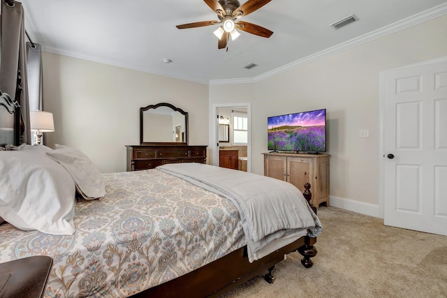 bedroom featuring light carpet, visible vents, baseboards, and ornamental molding