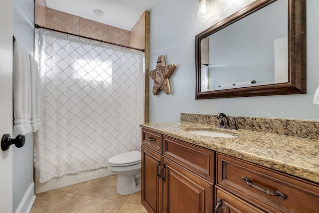 bathroom featuring shower / bathtub combination with curtain, toilet, vanity, and tile patterned flooring