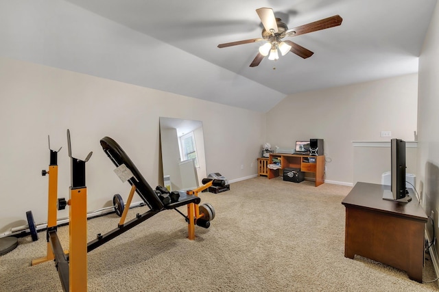 exercise room featuring baseboards, a ceiling fan, lofted ceiling, and carpet floors