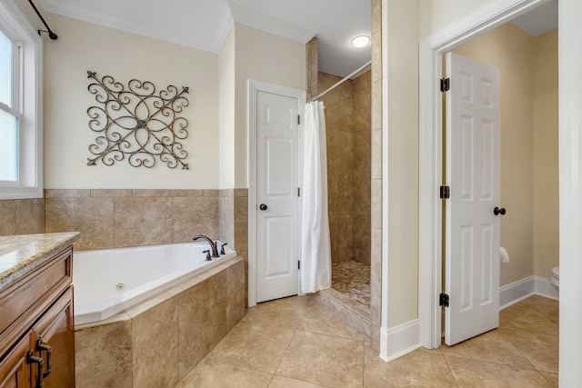 full bathroom featuring tile patterned floors, tiled shower, and a garden tub