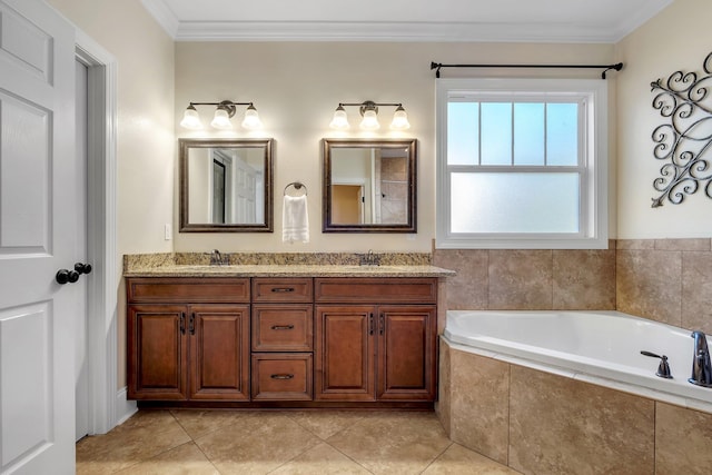 bathroom with a sink, ornamental molding, and a bath