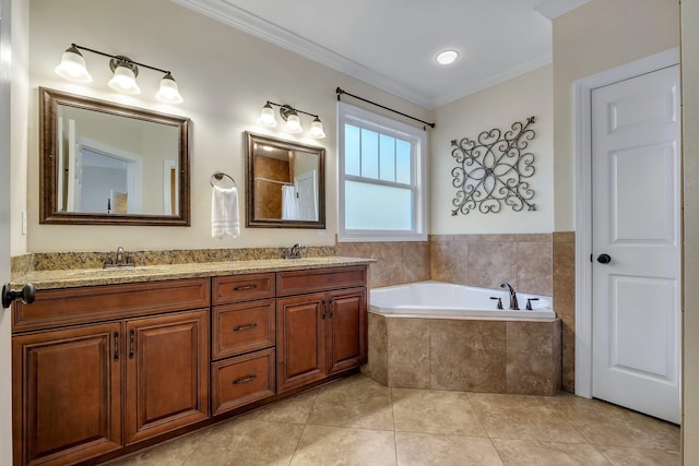 full bathroom with a sink, a garden tub, double vanity, and crown molding