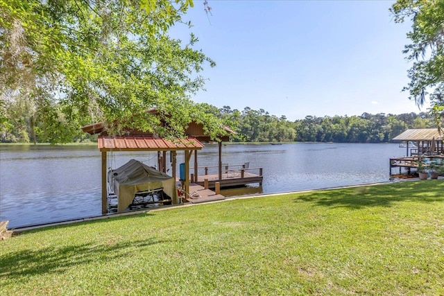 24064 Lanier St, Tallahassee, FL 32310 - dock area with a yard, a water view, and boat lift
