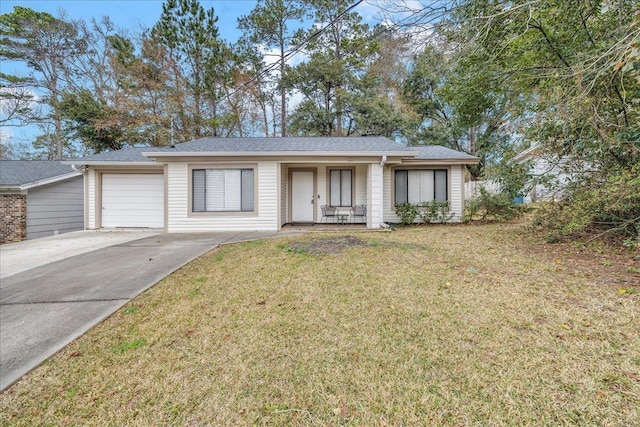 ranch-style house with a garage and a front yard