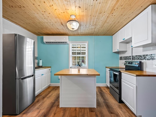 kitchen with butcher block counters, white cabinetry, dark wood-type flooring, an AC wall unit, and appliances with stainless steel finishes