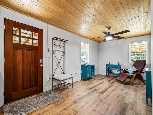 entrance foyer featuring light hardwood / wood-style floors, ceiling fan, and wooden ceiling