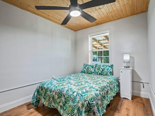 bedroom featuring hardwood / wood-style floors, ceiling fan, and wood ceiling