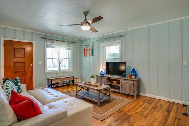 living room featuring hardwood / wood-style flooring, ceiling fan, and crown molding