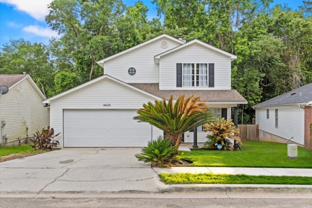 view of front of property with a garage, concrete driveway, and view of wooded area
