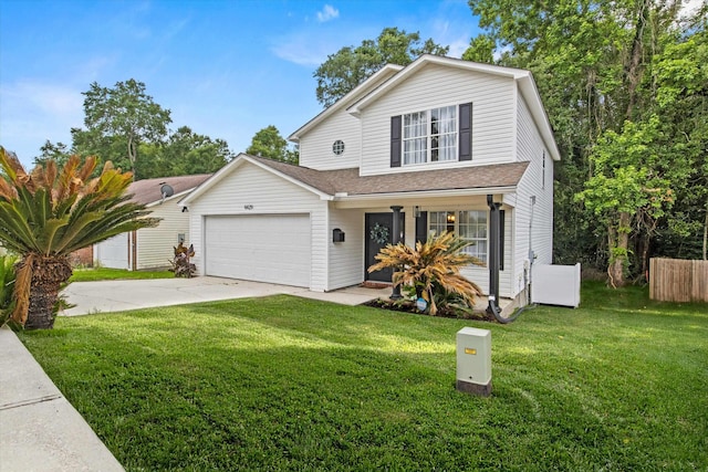 traditional-style home featuring an attached garage, concrete driveway, and covered porch