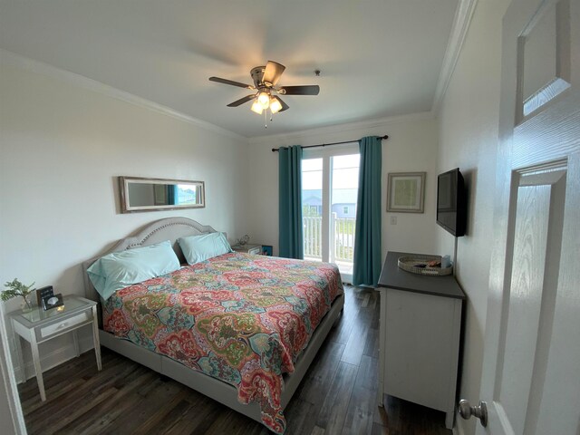 bedroom featuring ornamental molding, access to outside, dark wood-type flooring, and ceiling fan