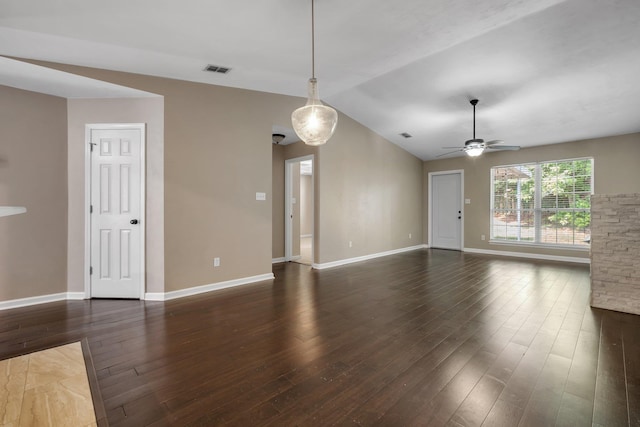 7326 Hollis St, Tallahassee, FL 32312 - unfurnished living room featuring a ceiling fan, hardwood / wood-style flooring, and vaulted ceiling