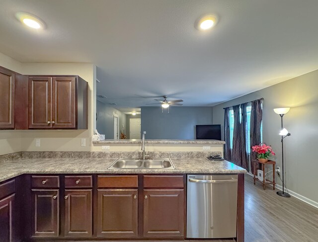 4641 Rivers Landing Way, Tallahassee, FL 32303 - kitchen featuring stainless steel dishwasher, a ceiling fan, a peninsula, light wood-style flooring, and light countertops