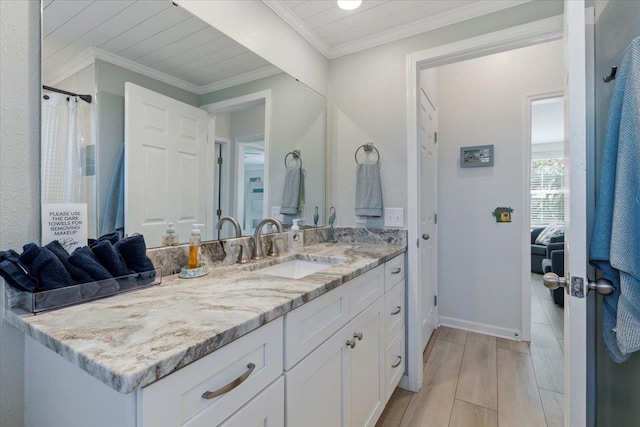 bathroom featuring ornamental molding and vanity