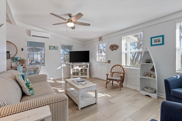 living room with ceiling fan, light hardwood / wood-style flooring, vaulted ceiling, and an AC wall unit