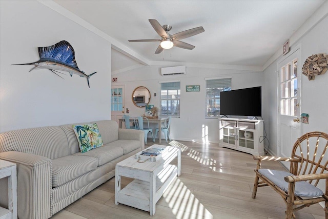 living room with a wall unit AC, ceiling fan, vaulted ceiling with beams, and light hardwood / wood-style flooring