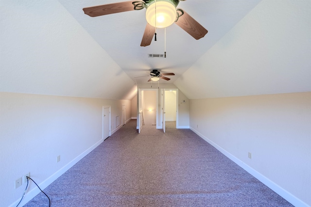 bonus room featuring carpet flooring, ceiling fan, and lofted ceiling