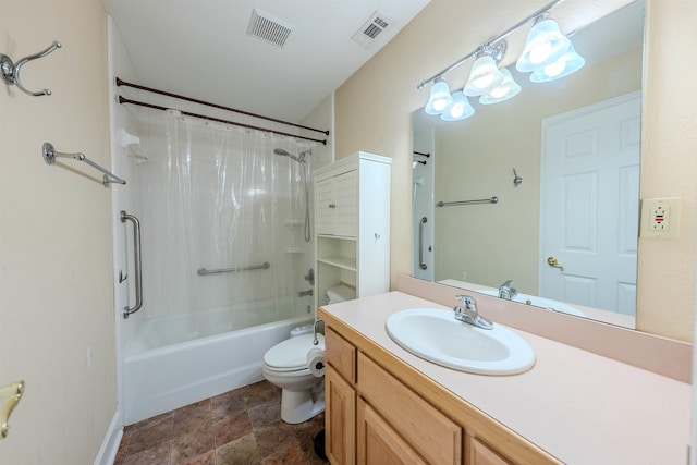 full bathroom featuring shower / bath combo, vanity, and toilet