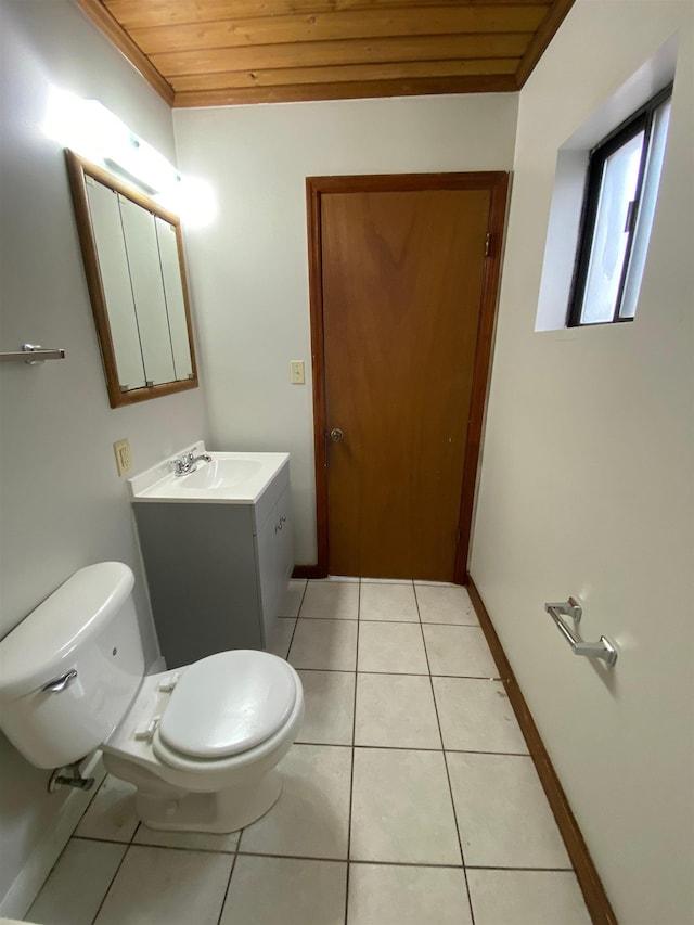 bathroom with tile patterned floors, toilet, vanity, and wooden ceiling