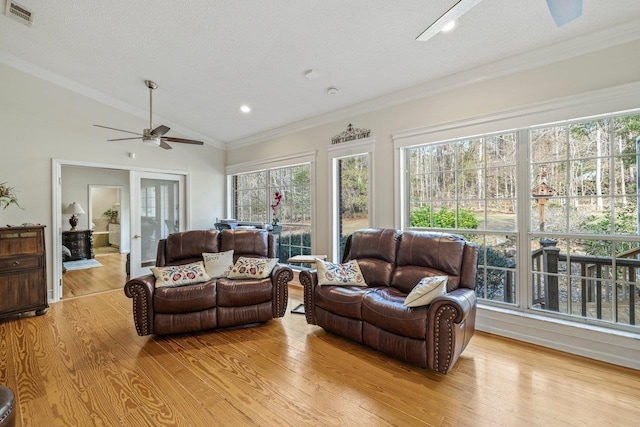 living room featuring lofted ceiling, ornamental molding, and light hardwood / wood-style floors