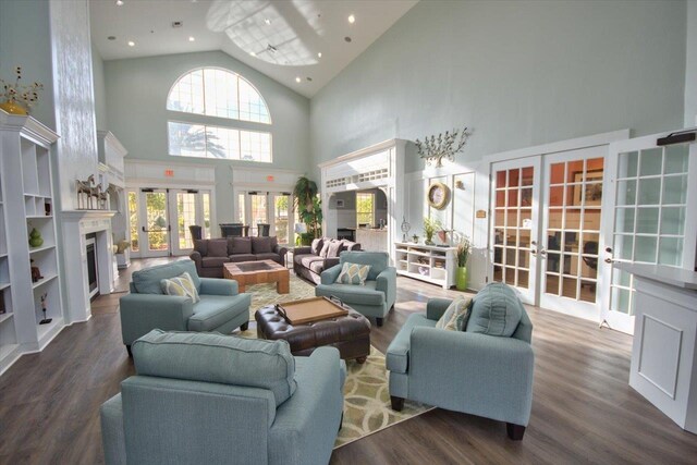 2801 Chancellorsville Dr Unit 1217, Tallahassee, FL 32312 - living area featuring french doors, high vaulted ceiling, dark wood-style floors, a fireplace, and recessed lighting