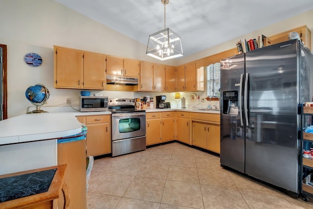 kitchen featuring stainless steel appliances, decorative light fixtures, vaulted ceiling, light tile patterned floors, and kitchen peninsula