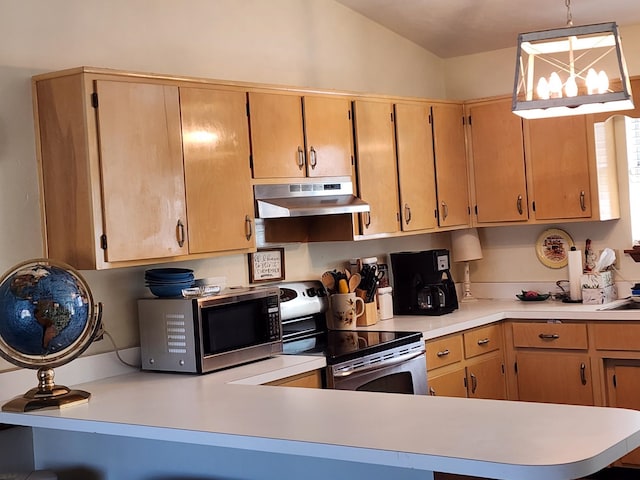 kitchen with light brown cabinetry, stainless steel appliances, vaulted ceiling, pendant lighting, and kitchen peninsula