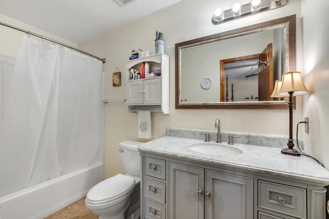 full bathroom with toilet, vanity, and shower / bathtub combination with curtain