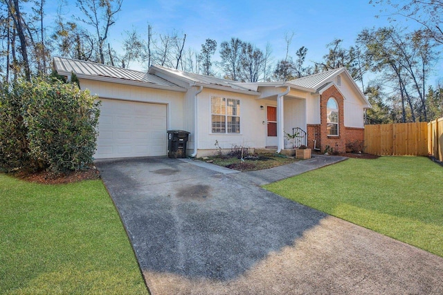 single story home featuring a front yard and a garage