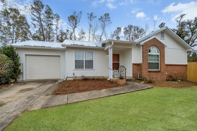 ranch-style home featuring a garage and a front yard