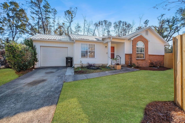 ranch-style house with a front yard and a garage