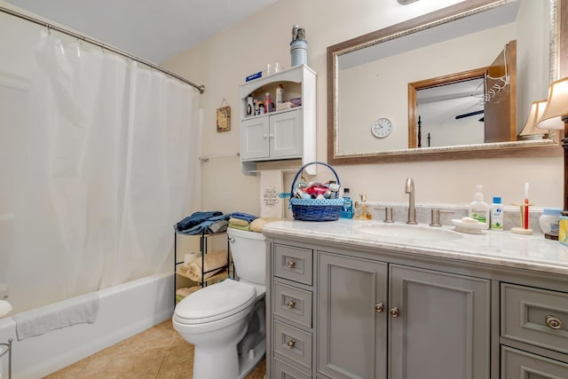 full bathroom with shower / tub combo with curtain, tile patterned flooring, vanity, and toilet