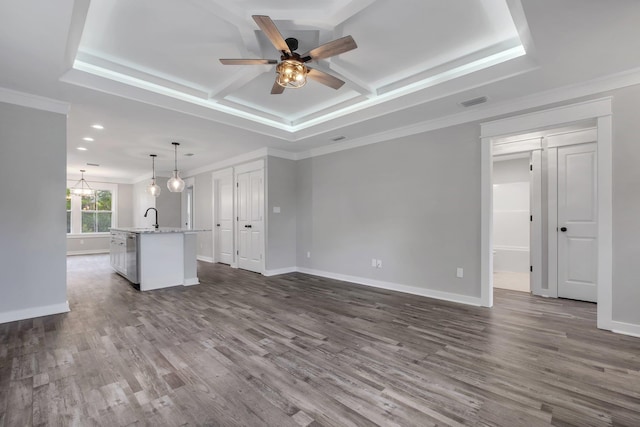 1695 Landing St, Carrabelle, FL 32322 - unfurnished living room with coffered ceiling, a ceiling fan, dark wood-style floors, ornamental molding, and recessed lighting